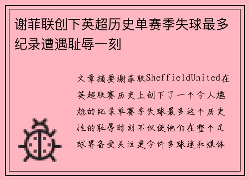 谢菲联创下英超历史单赛季失球最多纪录遭遇耻辱一刻